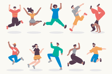 People jumping set in flat design. Happy men and women jump and celebrating at party and entertainment, winner expression. Bundle of diverse characters. Vector illustration isolated persons for web