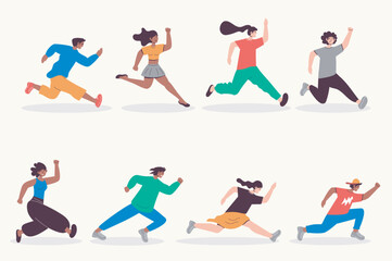 People running set in flat design. Happy men and women run and hurry, sport competition or aspiration direction metaphor. Bundle of diverse characters. Vector illustration isolated persons for web