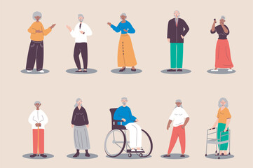Elderly people set in flat design. Retired women and men standing and walking, grandfather in wheelchair, other. Bundle of diverse multiracial characters. Vector illustration isolated persons for web