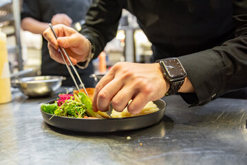 chef hand preparing Meat Pie with mashed potato and salad on restaurant kitchen