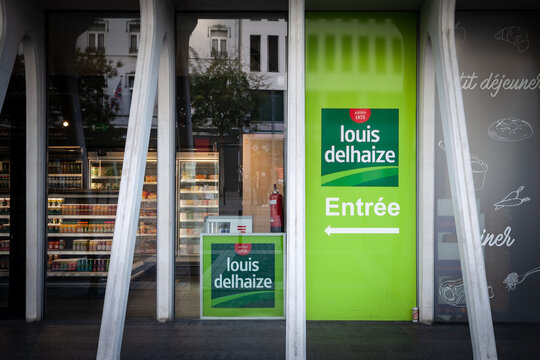 LIEGE, BELGIUM - NOVEMBER 9, 2022: Logo of Louis Delhaize on a convenience store of Liege. Louis Delhaize is a belgian retail group specialized in supermarkets and other grocery stores.