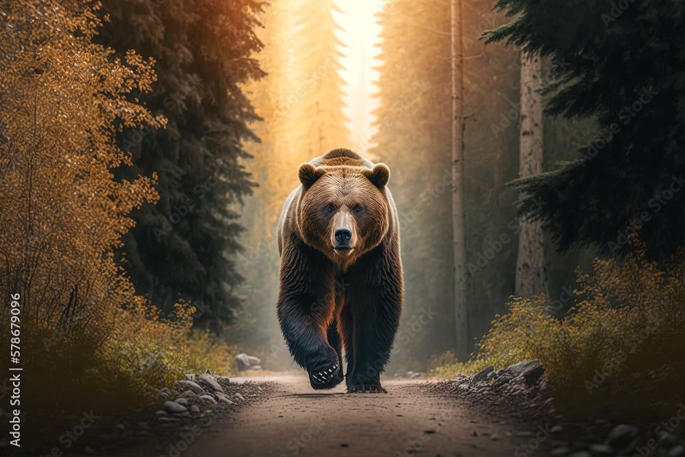Poster a grizzly bear is shown in vertical motion down a trail, with a forest in the backdrop that is somew