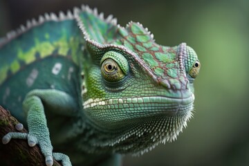 Obraz premium Image of a veiled chameleon, or chamaeleo calyptratus, in close focus. Generative AI