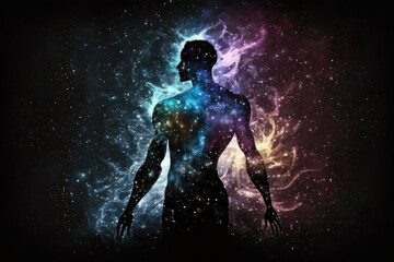 Fototapeta na wymiar body silhouette with space and galaxy background, milky way, spiritual life and belief, Made by AI, Artificial intelligence