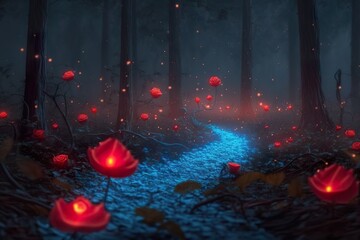 Dark luminous roses forest created with Generative AI 