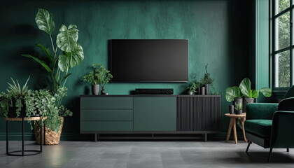 Living room with cabinet, modern room, concrete green color wall background, many tree in room