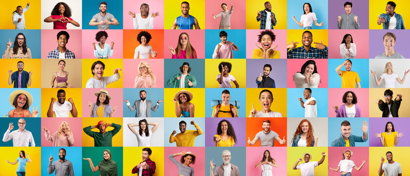 Cheerful surprised happy excited millennial and adult multiethnic people gesticulate, laugh and show signs with hands