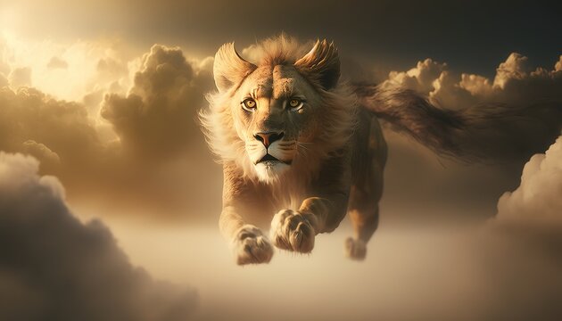 Lion Flying Through the Clouds at golden hour. Bright sunlight and blue sky. Generative AI.