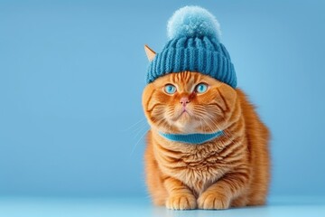 On a blue background with white copy space, a cute red cat wears a blue knitted hat with a pompom and looks up. Image of a ginger cat. Generative AI