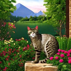 Cat in a beautiful garden surrounded by flowers - generated by AI