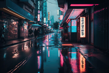 neon light night street in the city of tokyo after rain, generative ai - obrazy, fototapety, plakaty