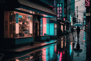 neon light night street in the city of tokyo after rain, generative ai