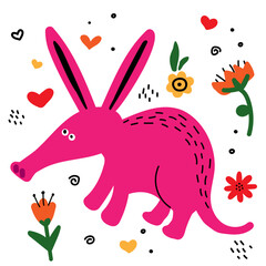 Funny aardvark with flowers and hearts. Wild animals. Stickers for kids