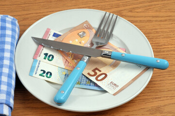 Concept de budget alimentaire avec des billets de banque en euros dans une assiette avec des...