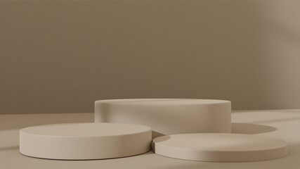 Beige minimalist round platforms with window shadow for product presentation, 3d render