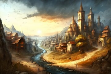 Naklejka premium Fantastic castle with beautiful landscape created with Generative AI 