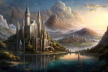 Fantastic castle with beautiful landscape created with Generative AI 