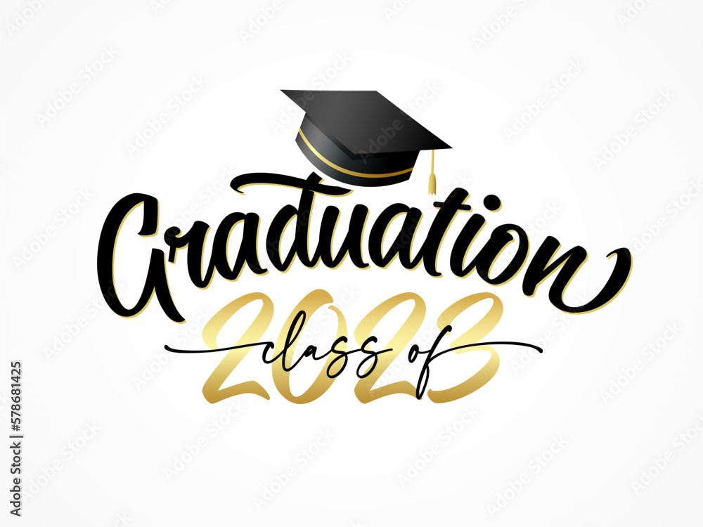 Wall mural Graduation class of 2023 with square academic cap. 2023 Congratulation Graduate, elegant lettering on on a white background. Vector illustration - Wall murals