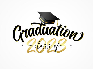 Fototapeta Graduation class of 2023 with square academic cap. 2023 Congratulation Graduate, elegant lettering on on a white background. Vector illustration obraz