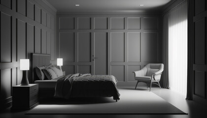 Modern bedroom interior background, created with Generative AI technology.