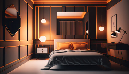 Modern bedroom interior background, created with Generative AI technology.