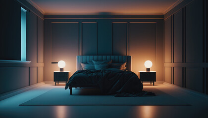Modern bedroom interior background, created with Generative AI technology.