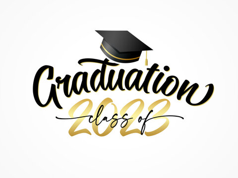 Graduation Class Of 2023 With Square Academic Cap. 2023 Congratulation Graduate, Elegant Lettering On On A White Background. Vector Illustration