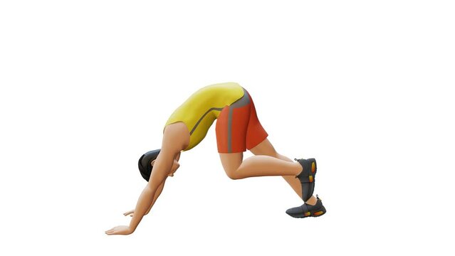 Man Character doing Downward Dog. Downward Facing Dog workout in 3d animation. Perfect for fitness themed productions, healthy, diet, weight loss, Downward Facing Dog Exercise. 3D Render