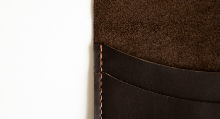Details of open brown elegance men's wallet on a white background. Mens leather accessories.