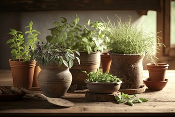 Herbs in pots on a wooden table in the house. Generative AI