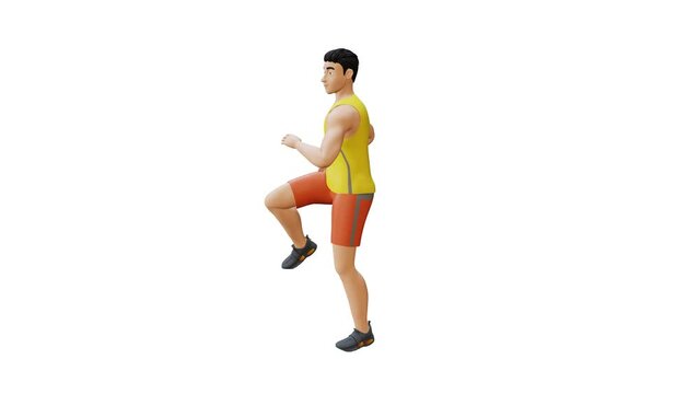 Man Character doing Swipe Knee Thrust. Body Weigh workout in 3d animation and illustration. Perfect for fitness themed productions, healthy, diet, weight loss, swipe knee thrusts Exercise. 3D Render