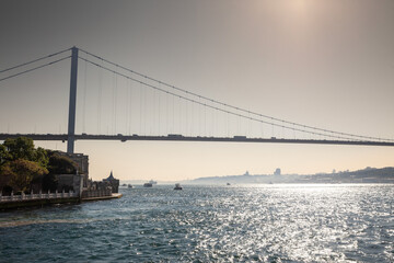 Selective blur on Bosphorus Bridge; also called 15 july martyrs bridge or 15 temmuz sehitler koprusu, seen from below. it's a bridge in Istanbul connecting Asian and European side.