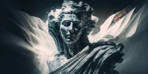 Imaginary ancient Greek goddess statue, intense epic portrayal and expressive emotional storytelling, carved relief marble, long exposure blurred - generative AI. - obrazy, fototapety, plakaty