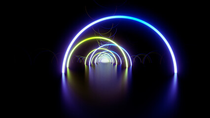 Neon Line Tunnel glowing　Fluorescent light corridor stage  3D illustration background