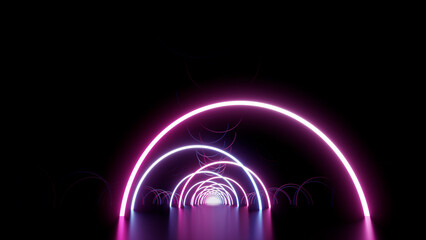 Neon Line Tunnel glowing　Fluorescent light corridor stage  3D illustration background