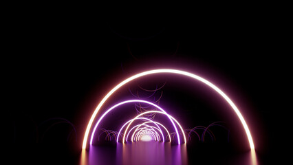 Neon Line Tunnel glowing　Fluorescent light corridor stage  3D illustration background