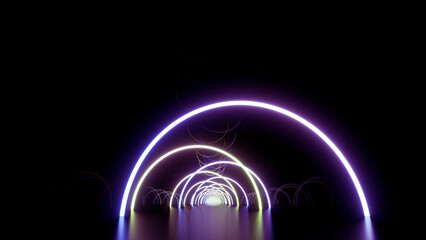 Neon Line Tunnel glowing　Fluorescent light corridor stage  3D illustration background