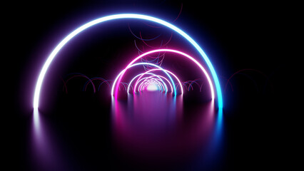 Neon Line Tunnel glowing　Fluorescent light corridor stage  3D illustration background