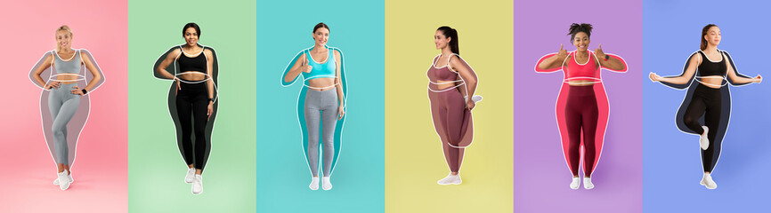 Smiling different slim young women athletes in sportswear, overweight ladies drawn around, doing exercises - obrazy, fototapety, plakaty
