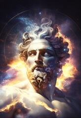 Ancient Greek God with galaxy background. Generative AI illustration