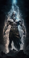 Fototapeta premium Zeus God with thunder background. Generative AI illustration