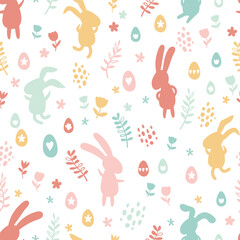 Cute hand drawn easter bunnies seamless pattern, easter doodle background, great for textiles, banners, wallpapers, wrapping - vector design