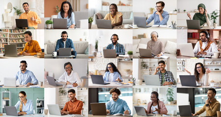 Fototapeta na wymiar Set of multiracial people using computers, collage