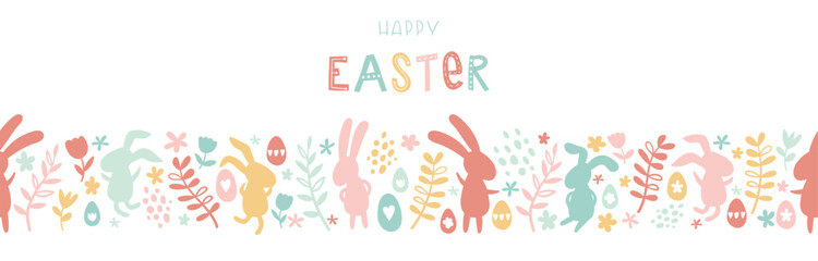 Cute hand drawn easter bunnies horizontal seamless pattern, easter doodle background, great for textiles, banners, wallpapers, wrapping - vector design © TALVA