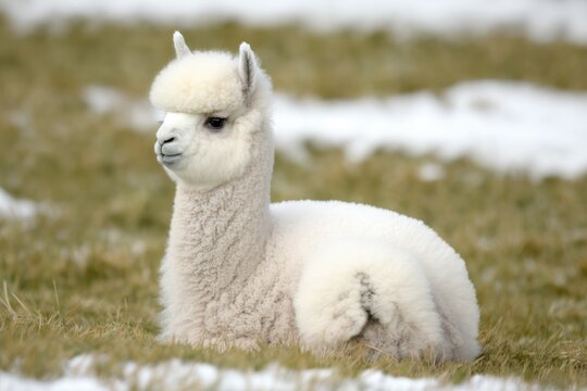 A newborn alpaca sitting on the grass, white as snow. Generative AI