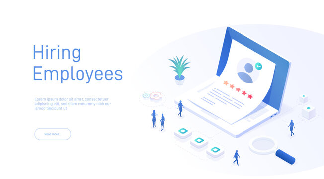 Hiring Employees landing page template. Approved resume on laptop screen. Can be used for web banners, infographics. Isometric modern vector illustration.