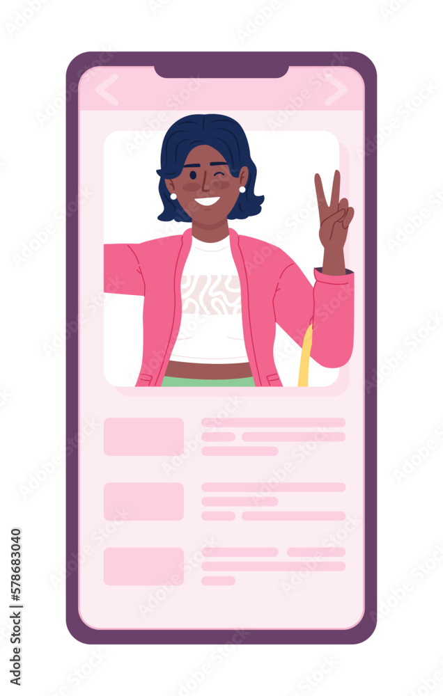 Poster mobile phone with social media account semi flat color vector device screen. editable icon. full siz