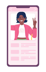 Mobile phone with social media account semi flat color vector device screen. Editable icon. Full sized element on white. Simple cartoon style spot illustration for web graphic design and animation