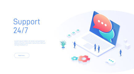 Support 24 7 landing page template. Chat icon on laptop screen. Can be used for web banners, infographics. Isometric modern vector illustration.