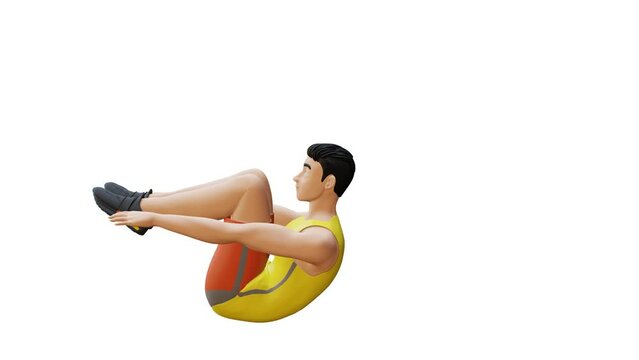 Man Character doing 90 Degrees Heel Touch. Waist workout exercise in 3d animation. Perfect for fitness themed productions, healthy, diet, weight loss, Heel Touch Exercise. 3D Render